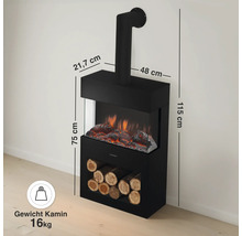 Elektrischer Kamin mit Holzablage und Wandanschlussrohr inklusive Maßangaben sowie Gewichtsangabe von 16 Kilogramm.