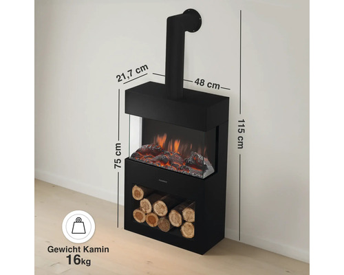Elektrischer Kamin mit Holzablage und Wandanschlussrohr inklusive Maßangaben sowie Gewichtsangabe von 16 Kilogramm.