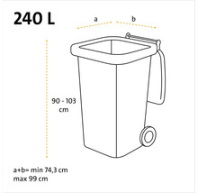 Maßskizze eines 240 Liter Müllcontainers mit Angaben zu Höhe und Breite in Zentimetern.
