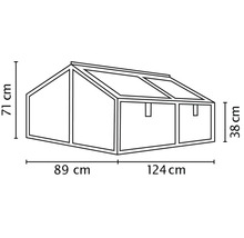 Strichzeichnung eines Frühbeets mit Bemaßung von 213 Zentimeter Breite und 71 Zentimeter Höhe