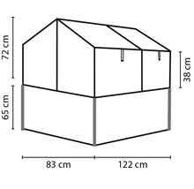 Skizze eines Frühbeets mit Bemaßung der Höhe 72 Zentimeter und 65 Zentimeter sowie der Breite 83 Zentimeter und 122 Zentimeter