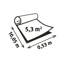 Grafik einer Tapetenrolle mit den Maßen 10,05 Meter mal 0,53 Meter und einer Gesamtfläche von 5,3 Quadratmetern.