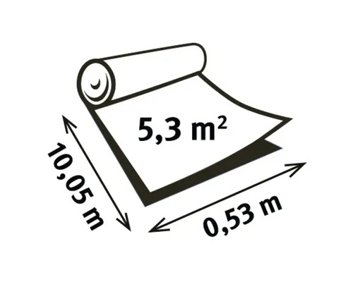 Grafik einer Tapetenrolle mit den Maßen 10,05 Meter mal 0,53 Meter und einer Gesamtfläche von 5,3 Quadratmetern.