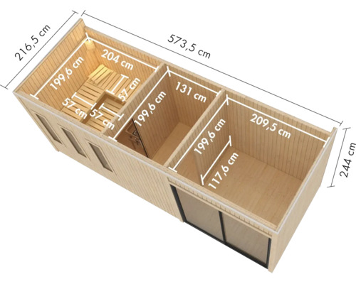 Draufsicht einer Holzsauna mit Maßangaben für drei getrennte Räume und eingebauter Saunabank.