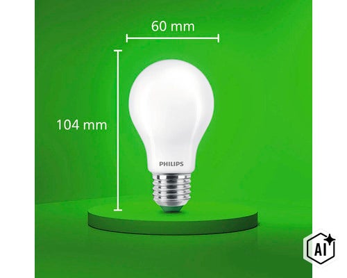 Philips LED Lampe in Birnenform mit E27 Sockel und 104 mal 60 Millimeter Abmessungen. (Image AI modified or generated)