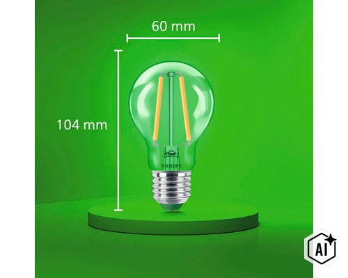 Philips LED Filament Lampe mit E27 Sockel, 60 Millimeter Durchmesser und 104 Millimeter Gesamthöhe, inklusive Philips Logo. (Image AI modified or generated)