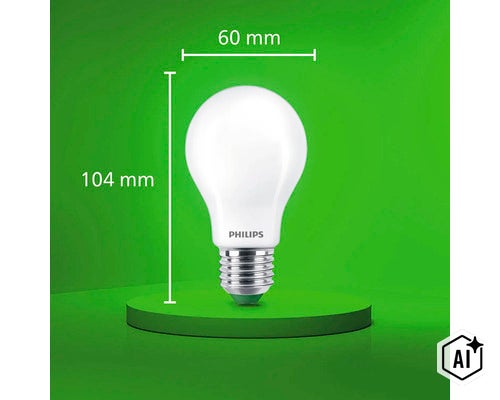 Philips LED Lampe mit E27 Sockel, Maße 104 mal 60 Millimeter (Image AI modified or generated)