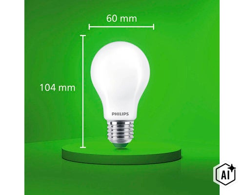 Philips LED Lampe in Birnenform mit E27 Sockel, Maße 60 Millimeter Durchmesser und 104 Millimeter Gesamthöhe. (Image AI modified or generated)