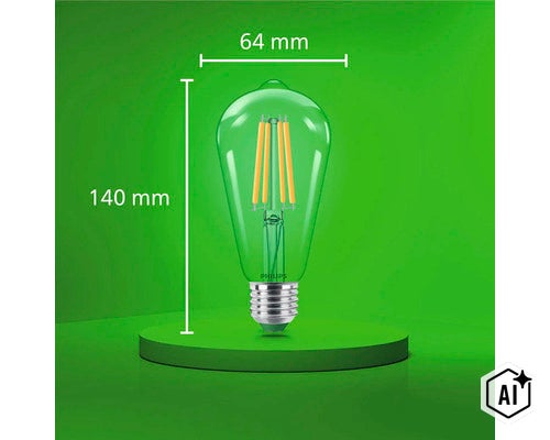 Philips LED Filament Glühbirne in Birnenform mit E27 Sockel, 140 Millimeter Höhe und 64 Millimeter Durchmesser. (Image AI modified or generated)