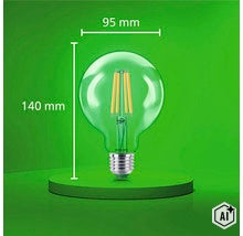 Philips LED Filament Lampe in Kugelform mit 95 Millimeter Durchmesser und 140 Millimeter Gesamthöhe mit E27 Sockel. (Image AI modified or generated)