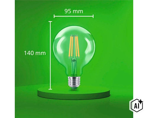 Philips LED Filament Lampe in Kugelform mit 95 Millimeter Durchmesser und 140 Millimeter Gesamthöhe mit E27 Sockel. (Image AI modified or generated)