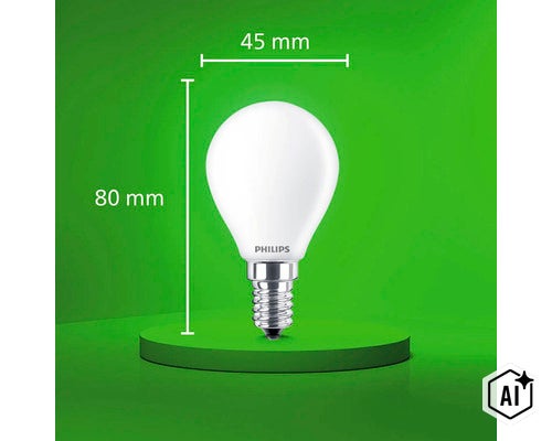 Philips LED Tropfenlampe E14 mit 45 Millimeter Durchmesser und 80 Millimeter Höhe (Image AI modified or generated)
