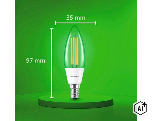 Philips LED Filament Kerzenlampe mit E14 Sockel und Abmessungen 35 mal 97 Millimeter (Image AI modified or generated)