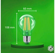 Philips LED Filament Lampe mit 60 Millimeter Durchmesser und 108 Millimeter Gesamthöhe (Image AI modified or generated)