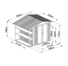 Technische Zeichnung eines Metallgeräthauses mit seitlichem Regal und Maßangaben für Länge, Breite und Höhe.