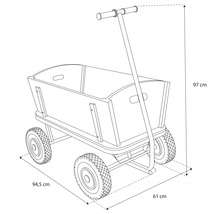 Technische Zeichnung eines Bollerwagens aus Holz mit Maßen 94,5 Zentimeter Länge 61 Zentimeter Breite und 97 Zentimeter Höhe