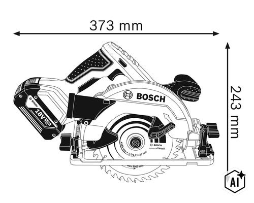 Technische Zeichnung einer Bosch Akku Handkreissäge mit 18 Volt und Bemaßungen von 373 Millimetern Länge und 243 Millimetern Höhe. (Image AI modified or generated)