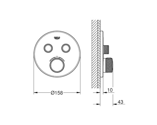 Technische Zeichnung eines Grohe Duschthermostats mit Maßangaben