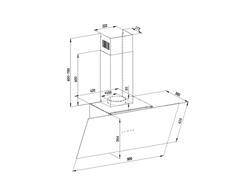 Technische Zeichnung einer Dunstabzugshaube mit Maßangaben