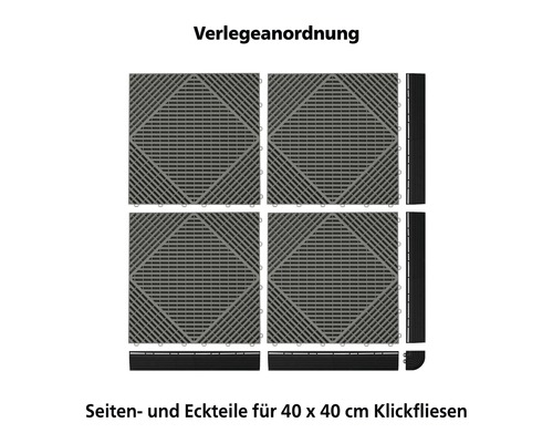 Verlegeanordnung für 40 x 40 Zentimeter Klickfliesen mit Seiten- und Eckteilen