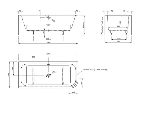 Technische Zeichnung einer Badewanne mit Maßangaben
