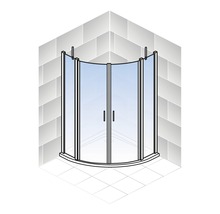 Eckdusche mit Glastüren in Badezimmerumgebung