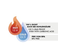 Informationen zum Produkt: 100 Prozent dicht, auch bei Kohlensäure, hält heiße Getränke zwölf Stunden heiß und kalte Getränke 24 Stunden kalt, frei von BPA