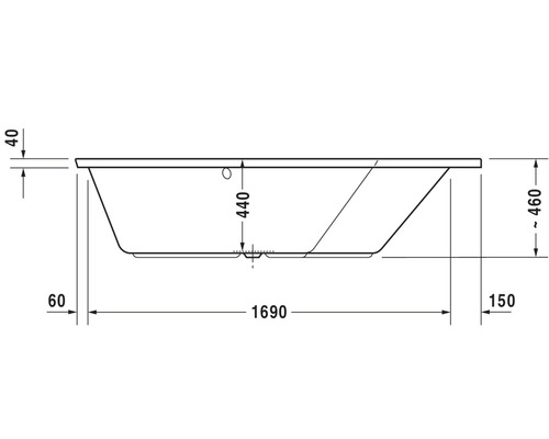 Technische Zeichnung einer Badewanne mit Maßangaben