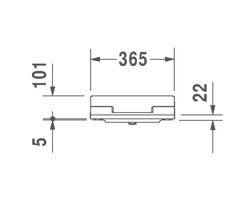 Technische Zeichnung mit Maßangaben zu einem Toilettendeckel: 365 mm breit, 101 mm hoch, 22 mm tief, Abstand 5 mm.
