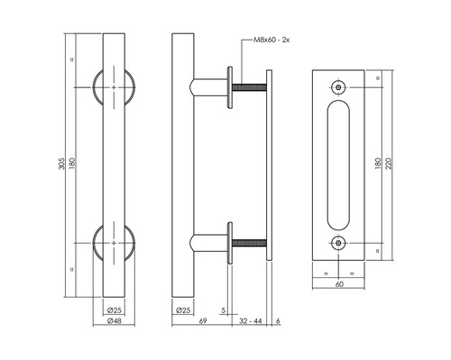 Technische Zeichnung eines Stangengriffs mit Maßangaben