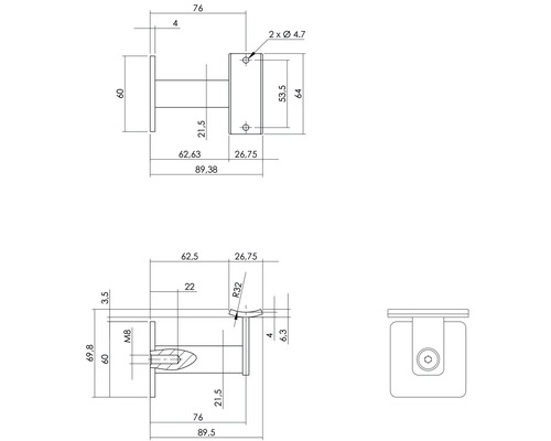Technische Zeichnung eines Wandhalters mit Maßangaben