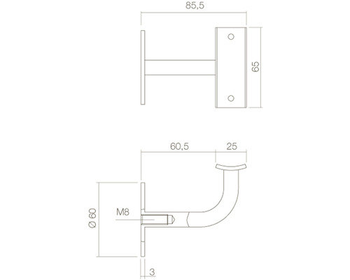 Technische Zeichnung eines Treppengeländerhalters mit Maßangaben
