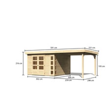 Abbildung eines Gartenhauses mit Carport und Maßangaben
