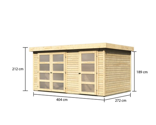 Abbildung eines Gerätehauses aus Holz mit den Maßen 404 x 272 x 212 cm