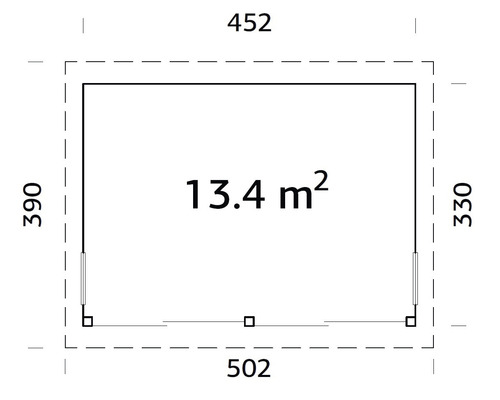 Grundriss mit den Maßen 452, 390, 502, 330 und einer Fläche von 13,4 Quadratmetern