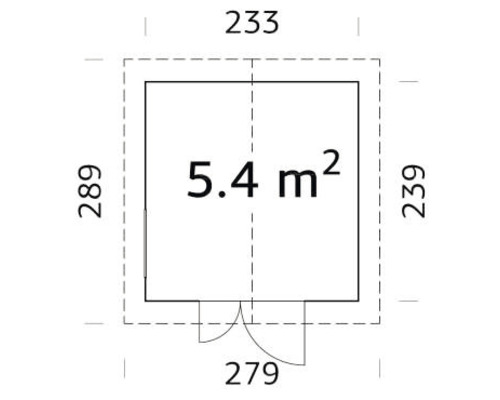 Grundrisszeichnung eines Gartenhauses mit einer Fläche von 5.4 Quadratmetern und den Maßen 233 mal 289 Zentimeter.