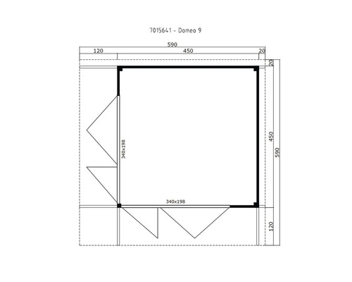 Grundrisszeichnung eines Gartenhauses mit Maßangaben