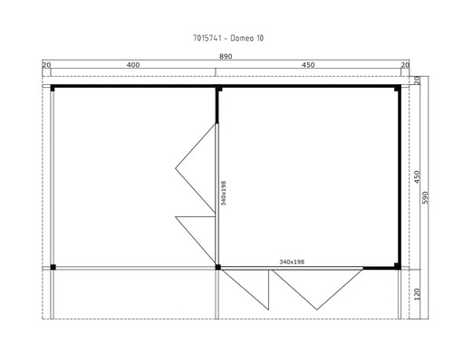 Grundriss Domeo 10 Gartenhaus mit Maßangaben