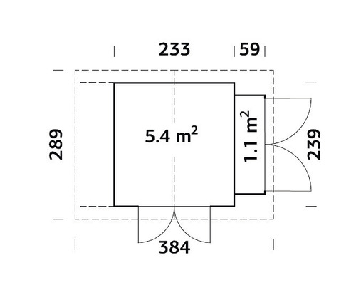 Grundriss eines Gartenhauses mit Größenangaben in Zentimetern und Quadratmetern