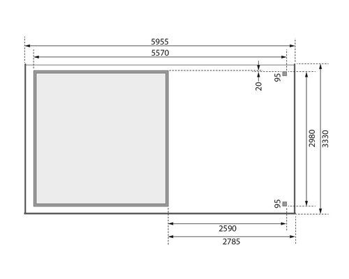 Maßzeichnung des Produkts mit Angaben zu Länge und Breite.