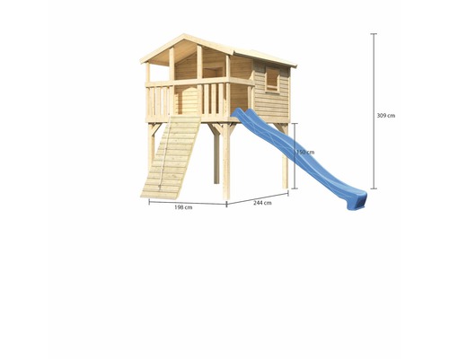 Spielhaus aus Holz mit blauer Rutsche und Abmessungen
