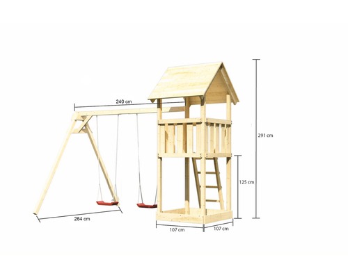 Spielturm aus Holz mit Schaukel und den Maßen 240 cm x 264 cm x 291 cm