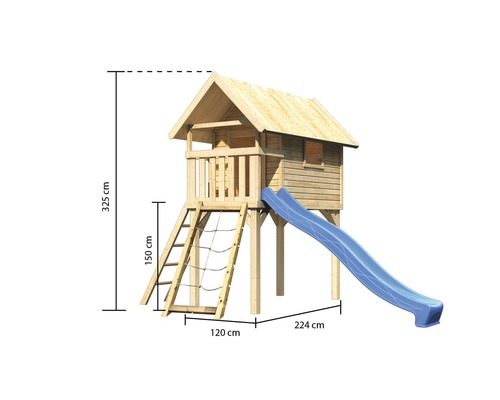 Spielturm mit Rutsche, Leiter und Kletternetz, Abmessungen 325 x 120 x 224 cm