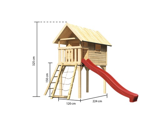 Spielturm aus Holz mit Rutsche und Leiter mit Maßangaben