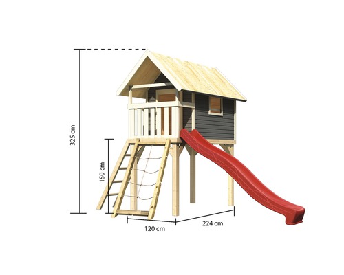 Spielhaus mit Rutsche, Leiter und Kletternetz mit den Maßen 325 cm Höhe, 120 cm Breite und 224 cm Tiefe