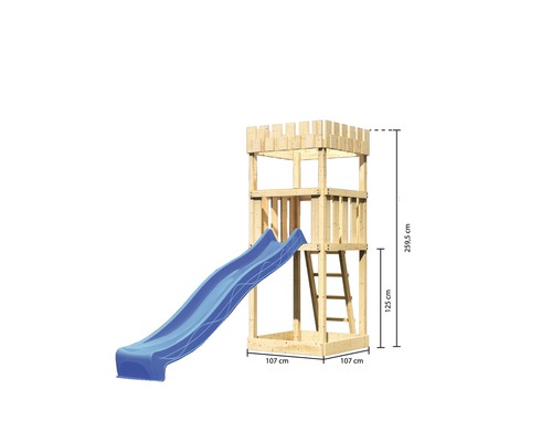 Spielturm aus Holz mit Rutsche und Leiter sowie Höhenangaben.