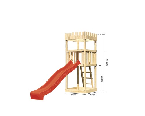 Spielturm mit Rutsche und den Maßen 259,5 cm Höhe, 107 cm Breite und 125 cm Aufstiegshöhe.