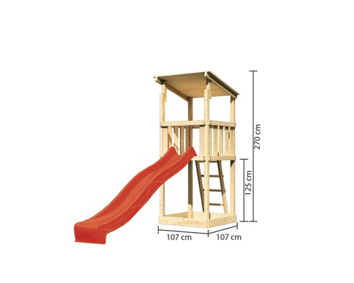 Spielturm aus Holz mit Rutsche und den Maßen 270 cm Höhe, 107 cm Breite und 125 cm Höhe bis zur Plattform