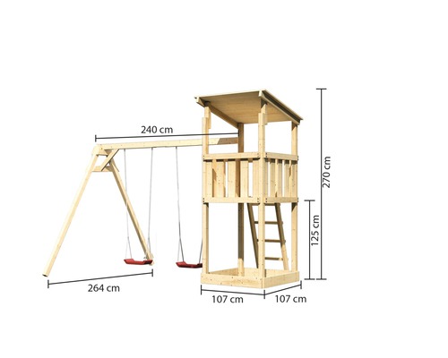 Spielturm mit Schaukel aus Holz mit Abmessungen