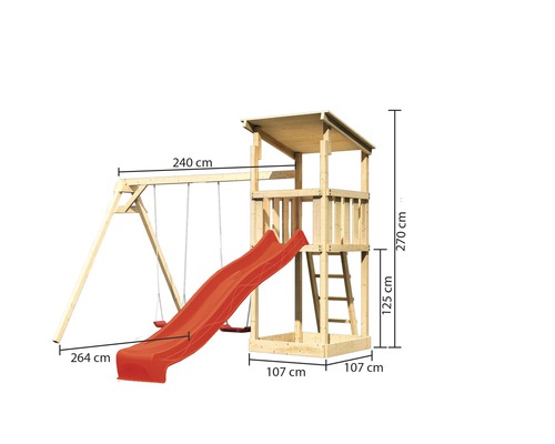 Spielturm mit Schaukel und Rutsche aus Holz mit Maßangaben